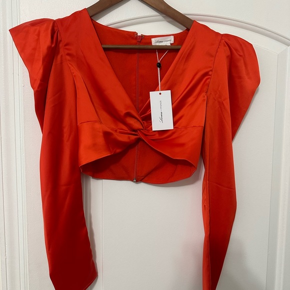 Lovers + Friends Tops - Lovers + Friends Red Satin Twist-Knot Crop Top